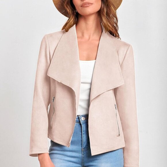New Women's Faux Suede Cropped Jacket in Beige Apricot, Size M - Picture 9 of 9